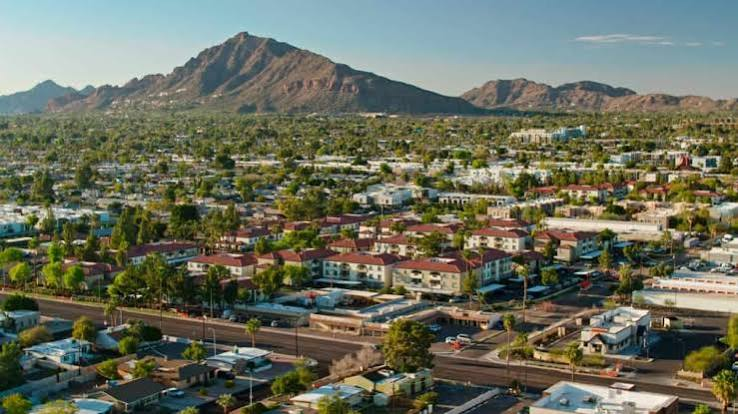 Aerial view of Scottsdale, Arizona with Camelback Mountain and residential neighborhoods