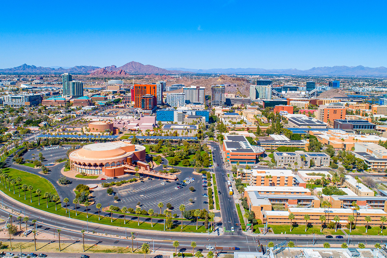 Aerial view of downtown Mesa, Arizona with the Mesa Arts Center and Red Mountain backdrop